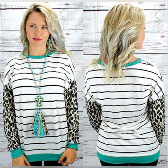 Women's Long Sleeve Turquoise Stripes Top With Leopard Sleeves - Picture 2 of 4